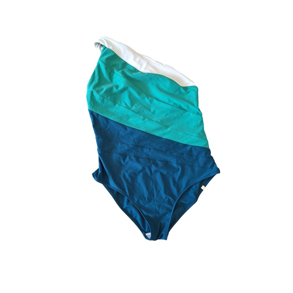 Summersalt The Sidestroke One Shoulder Colorblock Swimsuit Green Teal White‎ 16